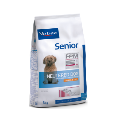 Pacote de ração Virbac Senior para cães Neutered Small & Toy 3kg com imagem de cão pequeno