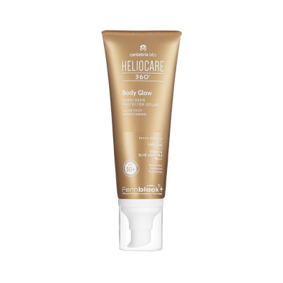 Tubo dourado de protetor solar Heliocare 360° Body Glow com tampa branca