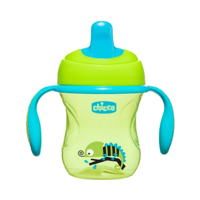Copo de treino infantil Chicco verde com tampa azul e desenho de camaleão