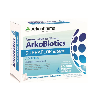 Caixa branca e azul do suplemento ArkoBiotics Supraflor intens para adultos