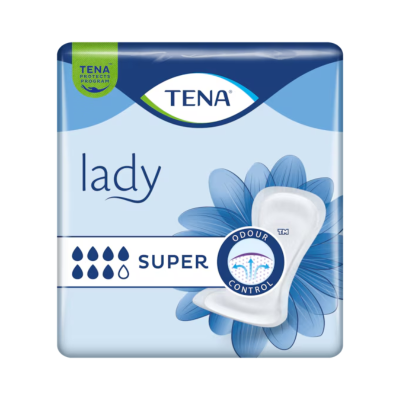 Embalagem azul claro de pensos higiénicos TENA Lady Super com texto e flor azul