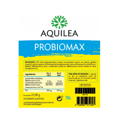 Rótulo do suplemento Aquilea PROBIOMAX com informações nutricionais e ingredientes