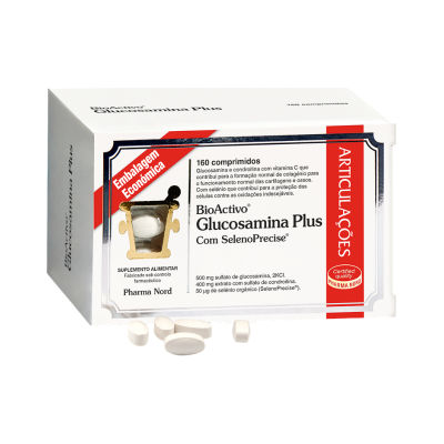Embalagem do suplemento BioActivo Glucosamina Plus com comprimidos brancos ao lado