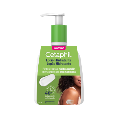Frasco de hidratante Cetaphil com doseador e rótulo verde