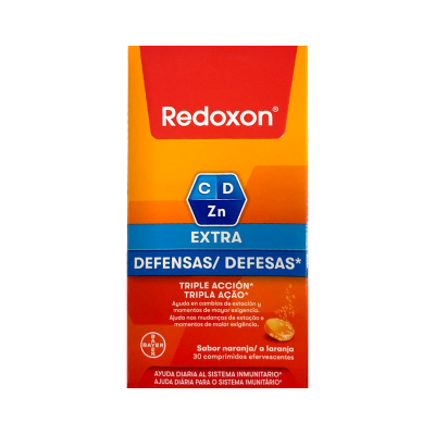 Embalagem do suplemento Redoxon Extra Defesas com vitaminas C, D e zinco sabor laranja