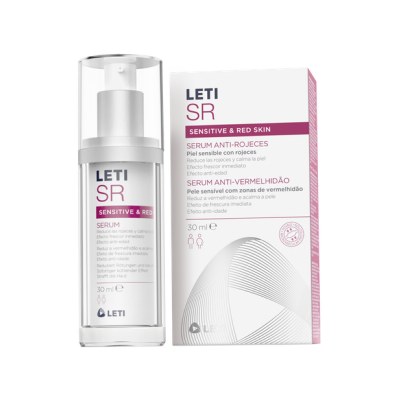 Frasco de serum LETI SR Anti-Rojeces com embalagem branca e rosa