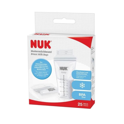 Embalagem branca e vermelha de sacos para leite materno NUK com 25 unidades