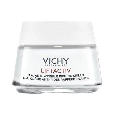 Frasco de creme anti-rugas Vichy Liftactiv branco com texto preto e vermelho.