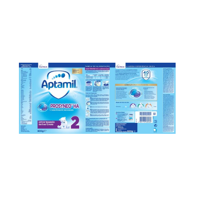 Embalagem azul e branca de leite infantil Aptamil PROSYNEO HA estágio 2 com texto em português