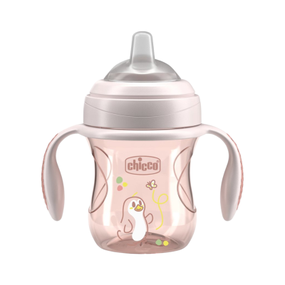 Copo de treino para bebé rosa com pegas e ilustração de pinguim