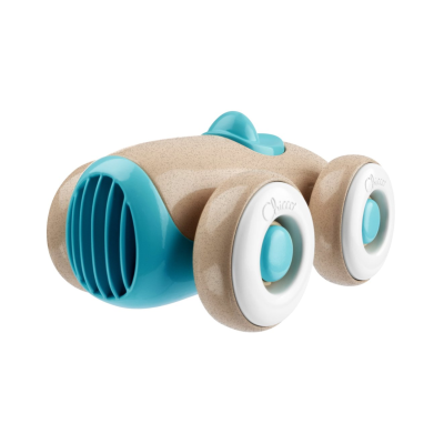 Brinquedo de carro retro bege e azul com rodas brancas e detalhes em azul