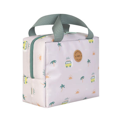 Bolsa retangular com padrão de palmeiras e carrinhas, pegas verdes e selo em pele