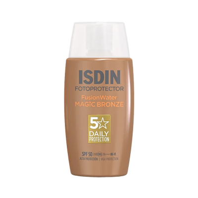Frasco de protetor solar ISDIN cor bronze com tampa transparente