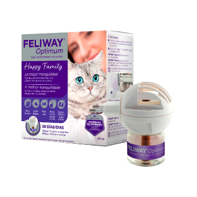 Difusor elétrico Feliway Optimum com embalagem roxa e imagem de gato cinza
