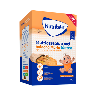 Pacote de cereais Nutribén Multicereais e mel com imagem de bebé e ingredientes