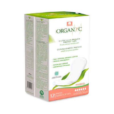 Caixa de pensos higiénicos Organyc Maternity com 12 unidades