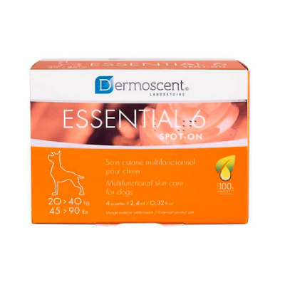 Embalagem laranja e branca do cuidado multifuncional Dermoscent Essential 6 para cães