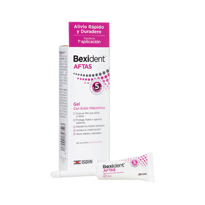 Gel Bexident AFTAS com ácido hialurónico em embalagem branca e rosa de 8 ml