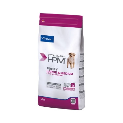 Saco branco e roxo de ração para cães Virbac Veterinary HPM com imagem de cachorro