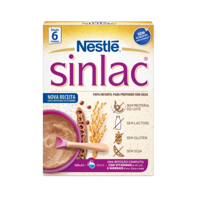 Embalagem de papa infantil Nestlé Sinlac com imagem da papa e colher.