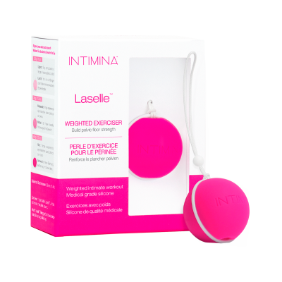 Exercitador ponderado rosa em silicone da marca Intimina, na embalagem branca com rosa.