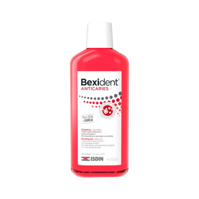 Frasco de colutório Bexident Anticaries vermelho e branco de 500 ml