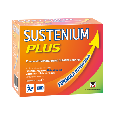 Caixa de suplemento alimentar SUSTENIUM PLUS laranja e verde com texto várias cores e setas