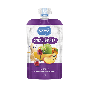 Embalagem de sumo Nestlé Crazy Fruits Tutti Frutti com frutas animadas e texto sem açúcares adicionados