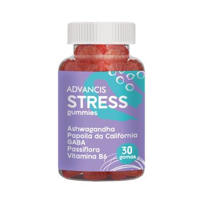 frasco de gomas vermelhas para stress com rótulo lilás