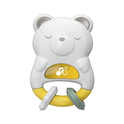 Chupeta de bebé forma de urso branco com anéis amarelo, branco e cinza