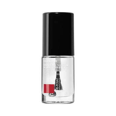 Frasco de verniz transparente para unhas com tampa preta e texto branco