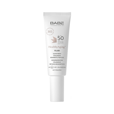 Embalagem branca de protector solar BABÉ Healthy Aging+ FPS 50