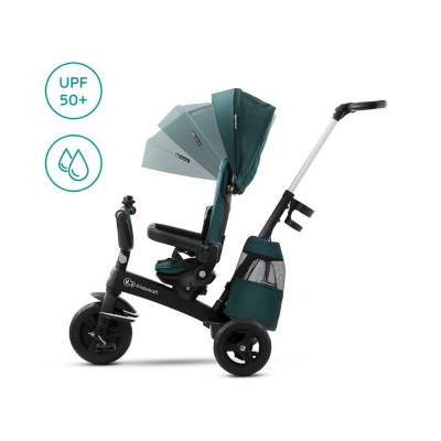 Carrinho de criança preto e verde com capota e bolsa