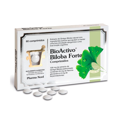 Embalagem branca de BioActivo Biloba Forte com comprimidos e imagem de folhas verdes.