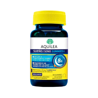 Frasco azul e amarelo de suplementos Aquilea Sueño / Sono Gummies+