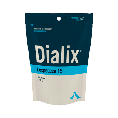 Embalagem de produto Dialix Lespedeza 15 azul e branca com texto e ícones de cão e gato