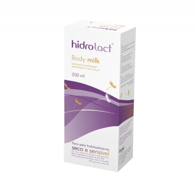 Embalagem branca e roxa de leite corporal Hidrolact Body milk 200 ml