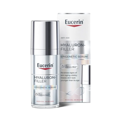 Frasco e embalagem do serum Eucerin Hyaluron-Filler Epigenetic Serum Anti-Age prateado e branco