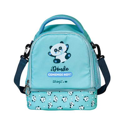 Mochila térmica azul claro com pandas desenhados e texto em espanhol na frente