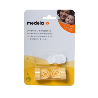 Conjunto de válvulas e membranas Medela em embalagem de cartão branco e amarelo