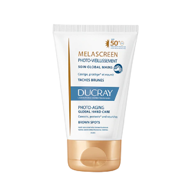 Frasco de Ducray Melascreen Photo-Vieillissement para cuidado das mãos com proteção solar