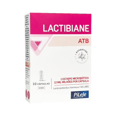 Caixa de Lactibiane ATB branca e rosa com texto vermelho e preto