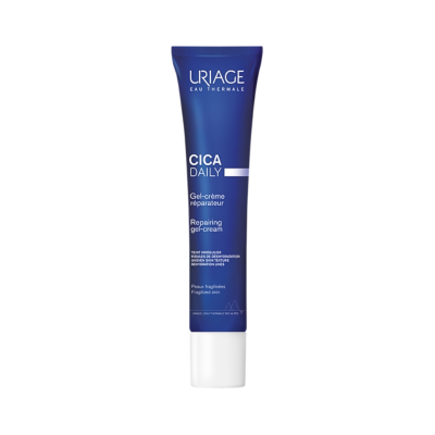 Frasco azul e branco de gel-creme reparador Uriage Cica Daily