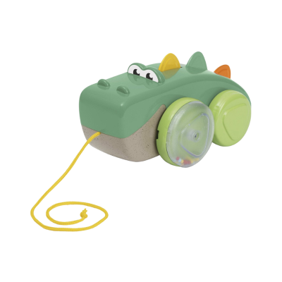 Brinquedo de puxar crocodilo verde com rodas e corda amarela