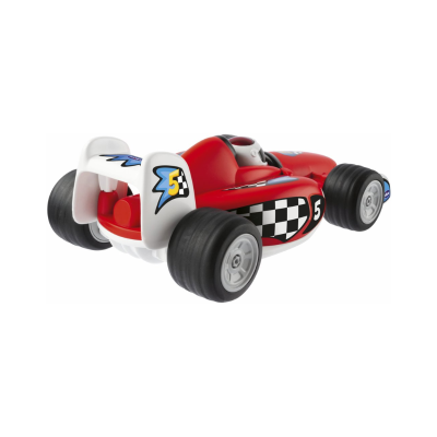 Carro de brinquedo vermelho com rodas pretas e adesivos com números 5