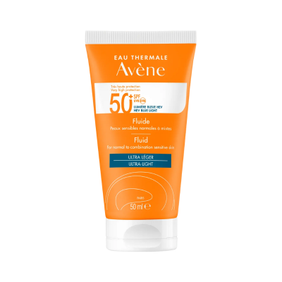 Fluido de proteção solar SPF 50+ da Avène em embalagem laranja e branca de 50 ml