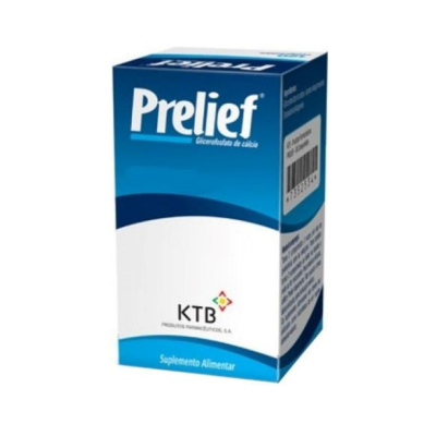 Embalagem azul e branca do suplemento alimentar Prelief concentrado de cálcio.