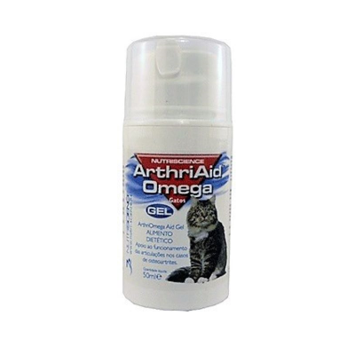 Frasco de gel nutricional ArthriAid Omega para gatos com imagem de gato e texto em português