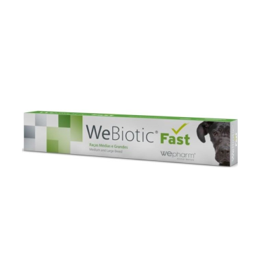 Embalagem branca e verde do WeBiotic Fast para cães de raças médias e grandes, com imagem de cão e texto informativo.