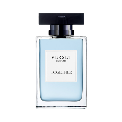 Frasco de perfume Verset Parfums Together com líquido azul claro
